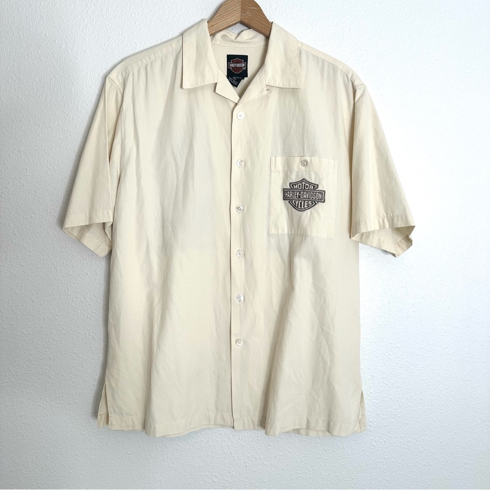 Harley Davidson Mens Medium Ivory Chrome Sweat Chrome Embroidered 70% Silk Shirt